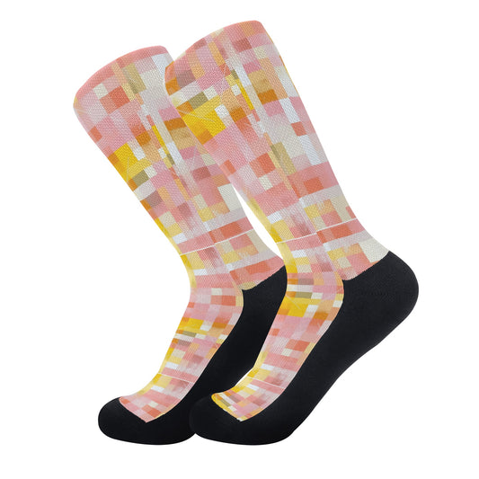 Checkered Plaid In Pink & Yellow - Unisex Crew Socks